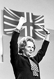 Photograph of Margaret Thatcher in front of the Union Jack
